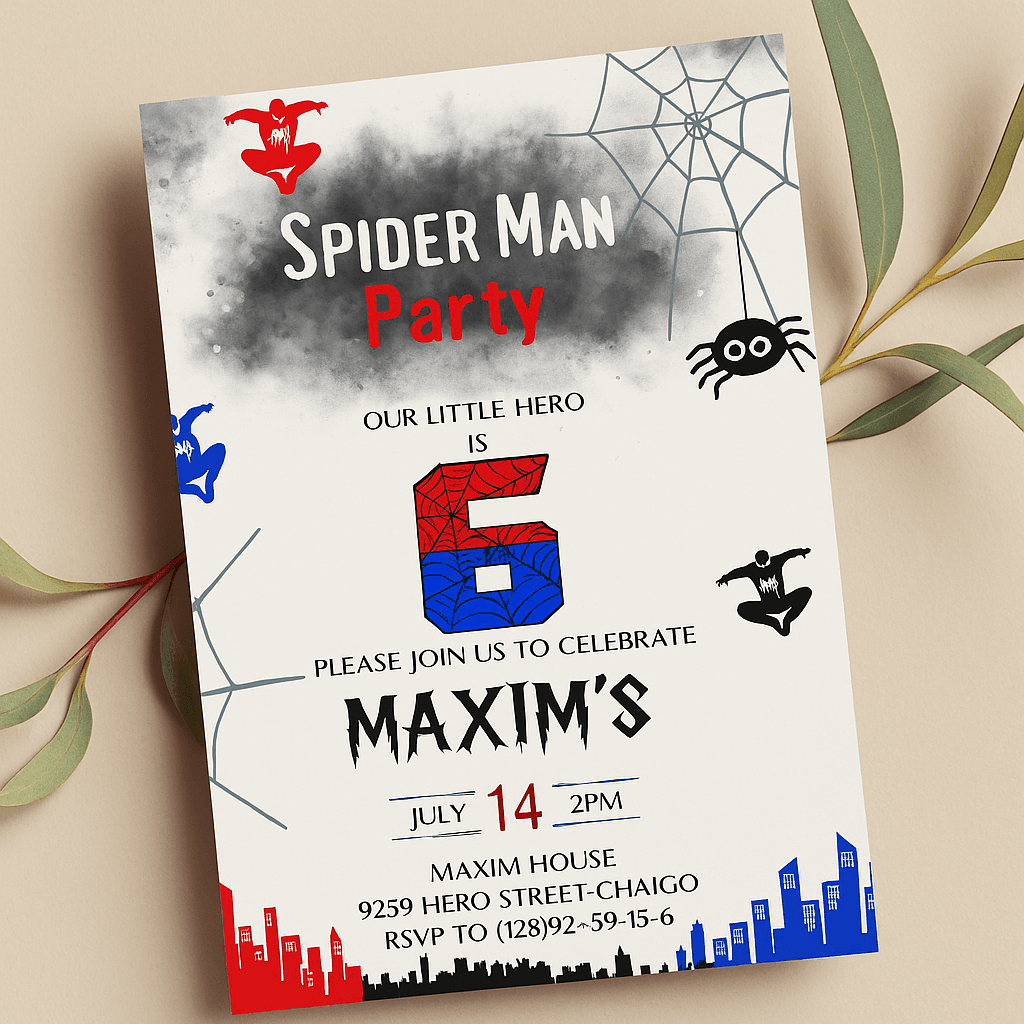 Halloween Spider-Man Party Invitation – Editable Canva Template, Black Superhero Theme, Printable Kids Costume Party Invite, Instant Download