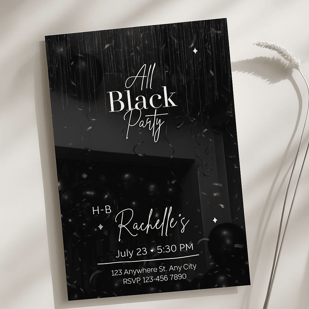 All Black Party Invitation – Editable Canva Template, Sleek & Elegant Black Theme, Printable Luxury Celebration Invite, Instant Download