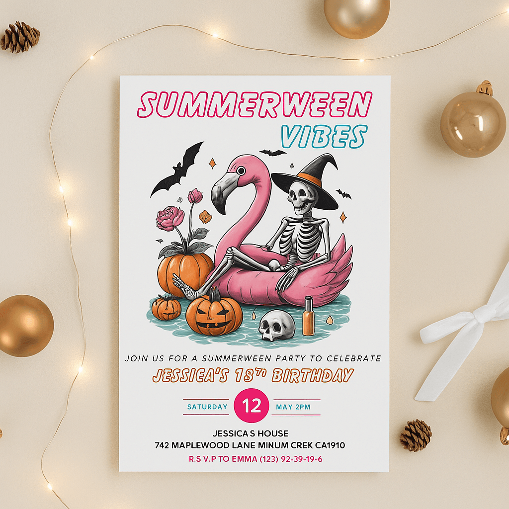Summerween Birthday Party Invitation – Editable Canva Template, Halloween & Tropical Theme, Printable Kids Party Design, Instant Download