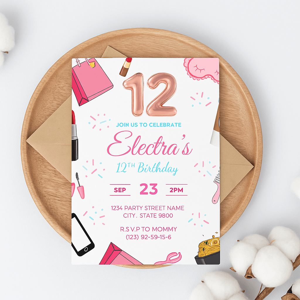 Electra's 12th Birthday Party Invitation – Editable Canva Template, Customizable Design, Fun Tween Celebration, Instant Download, Perfect Invite