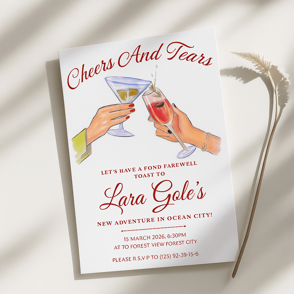 Cheers and Tears Farewell Party Invitation – Editable Canva Template, Emotional Goodbye Celebration, Customizable Design, Instant Download, Printable Send-Off Invite