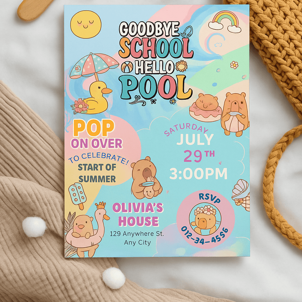 Olivia’s Summer Pool Party Invitation – Editable Canva Template, Splash Theme, Fun Design, Instant Download, Perfect for Kids & Teens