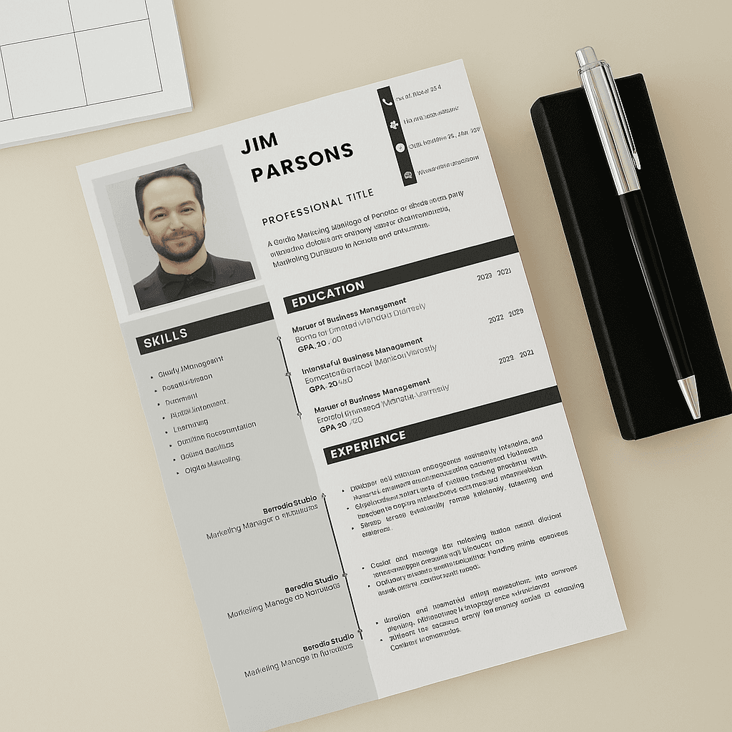 Jim Parsons Graphic Designer Resume Template – Modern Editable Canva CV, Clean Layout, Creative Portfolio Style, Instant Download, ATS-Friendly Format