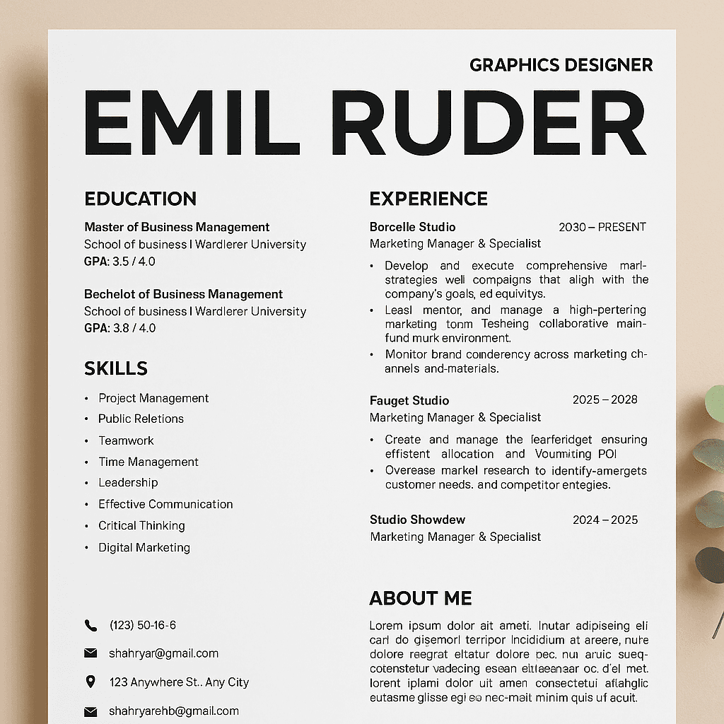Emil Ruder Graphic Designer Resume Template – Modern Swiss-Style Canva CV, Minimalist Layout, Clean Typography, Instant Download, Editable Format