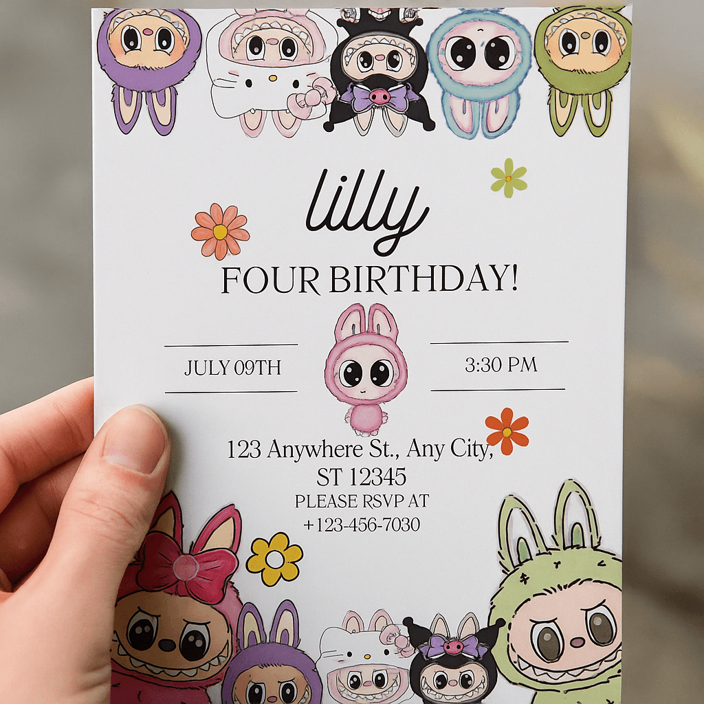 Lilly Fourth Birthday Invitation – Customizable Pink Party Invite, Editable Canva Template, Cute Girl Birthday Card Design