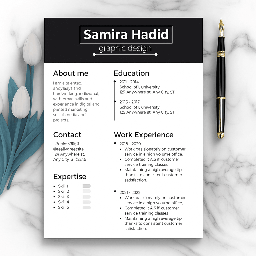 Graphic Designer Resume – Dark & White Theme, Editable Canva CV Template, Customizable Modern Portfolio Resume for Creatives