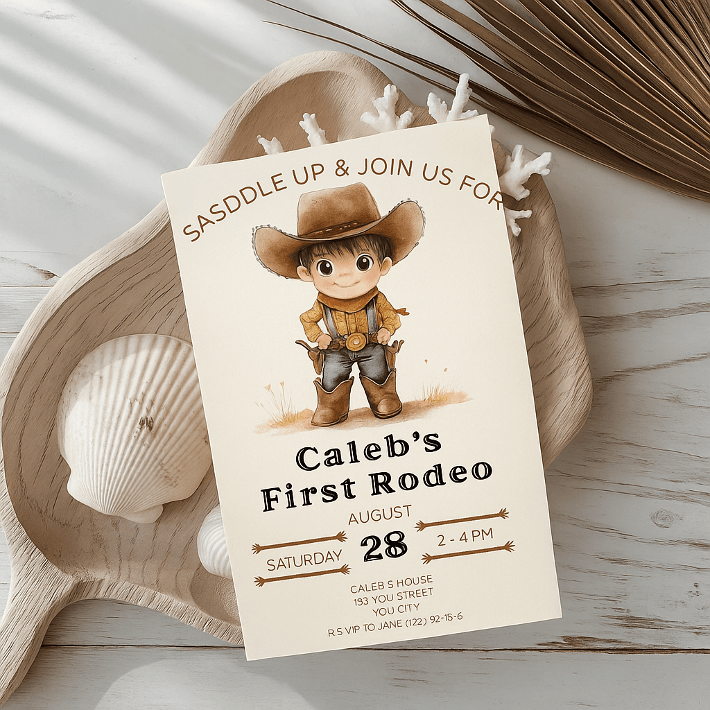 Caleb’s First Rodeo Birthday Invitation – Editable Canva Template, Customizable Cowboy Party Invite, Western 1st Birthday Design