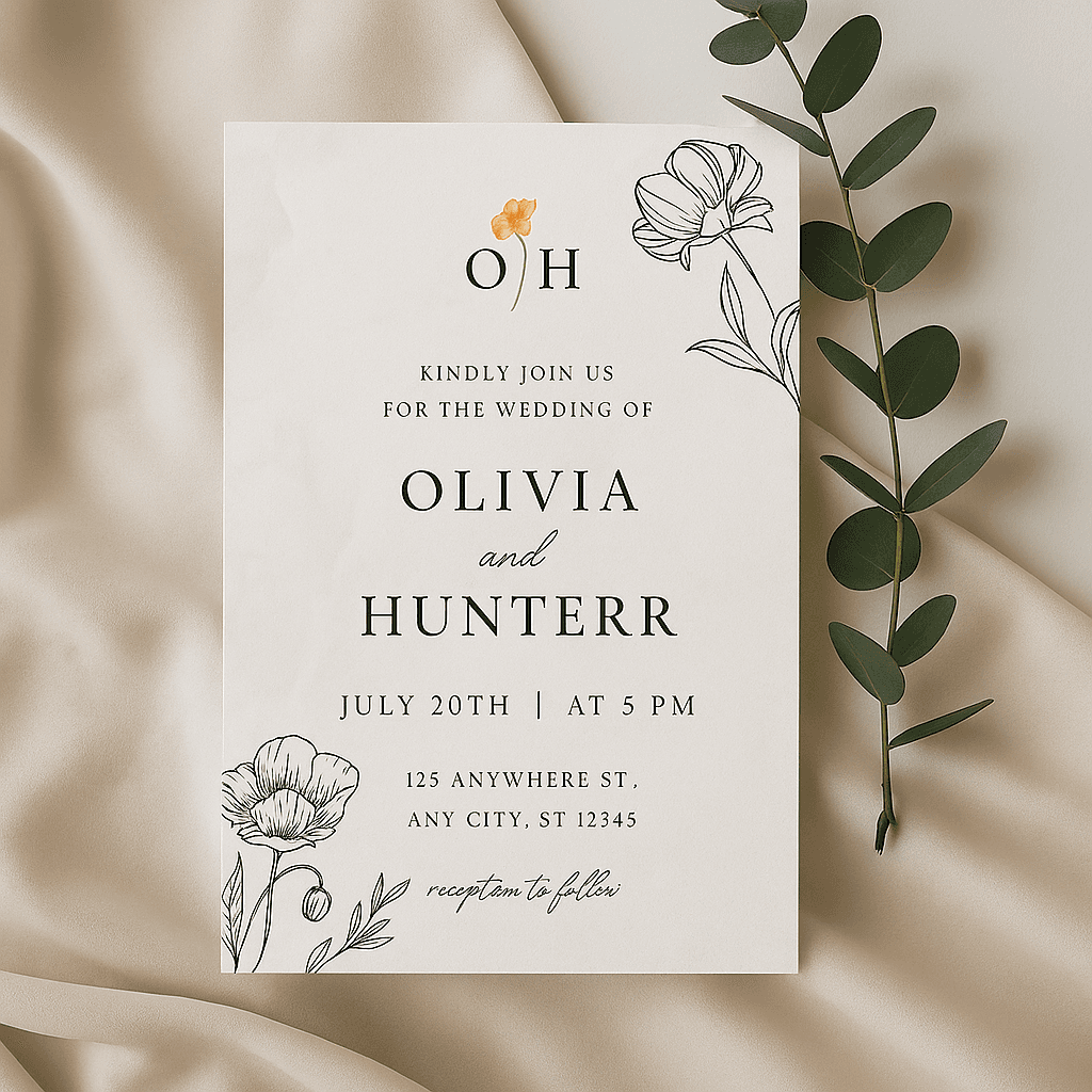 Olivia Floral Wedding Invitation – Elegant Botanical Design, Customizable Template for Romantic Garden or Spring Weddings