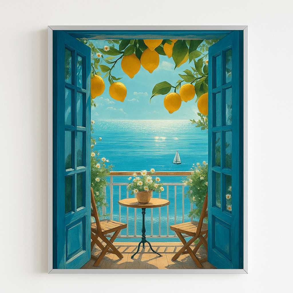 Mediterranean Window Wall Art Poster – Fresh & Serene Still Life Print – Elegant Home Decor for Kitchen, Dining, or Living Room