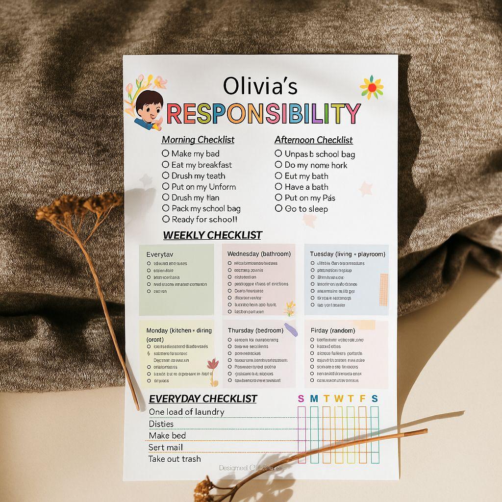 Kids Weekly Responsibility Checklist Planner – Fun & Editable Digital Schedule Template for Daily Chores, Habits, Tasks, and Routines | Customizable Canva Download