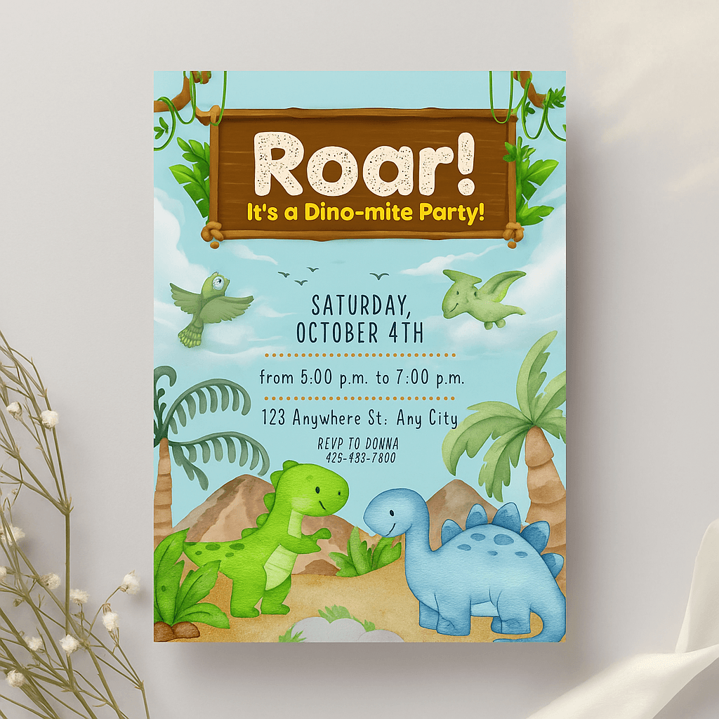 Green Watercolor Dinosaur Birthday Party Invitation – Editable and Customizable Digital Template for Kids’ Jurassic Celebration, Fun Printable Prehistoric Party Card