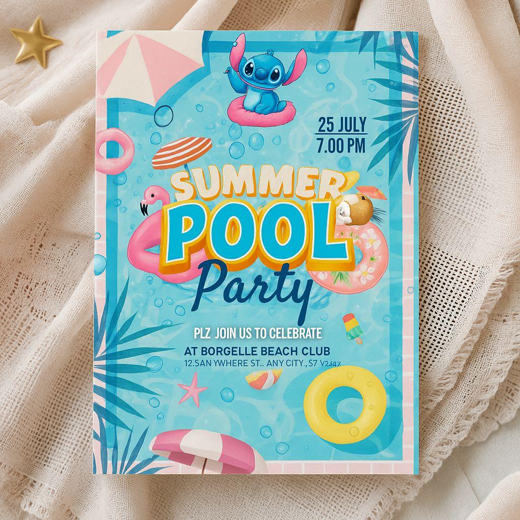 Editable & Printable Summer Pool Party Invitation Template – Fun Tropical Beach Theme Digital Download for Birthday, BBQ, Swim, and Water Celebration Events