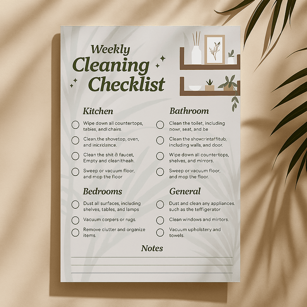 Editable & Printable Weekly Cleaning Checklist – Minimal Home Organization Template for Chores, Housekeeping Schedule, and Task Tracking | Digital Download