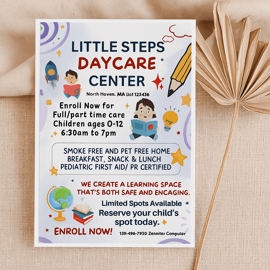 Editable & Customizable “Little Step” Daycare Flyer Template – Professional Child Care, Preschool, and Babysitting Promotion | Digital Download Design
