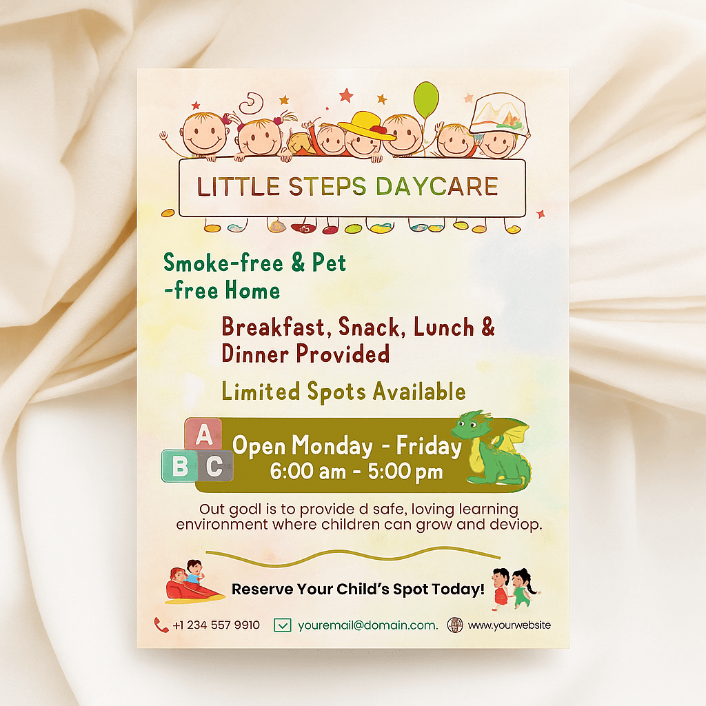 Childcare Center Promotion Flyer Template – Professional Daycare, Preschool, and Babysitting Marketing Design | Editable & Customizable |Printable Digital Download