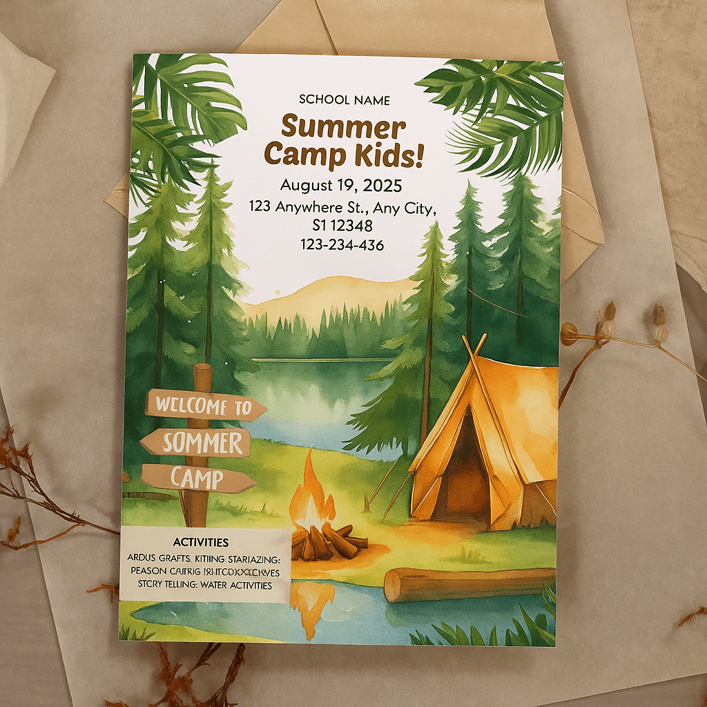 Summer Camp Kids Flyer Template – Editable & Printable Design for Children’s Activities, School Events, Youth Programs, Daycare, Outdoor Adventures, and Fun Camps