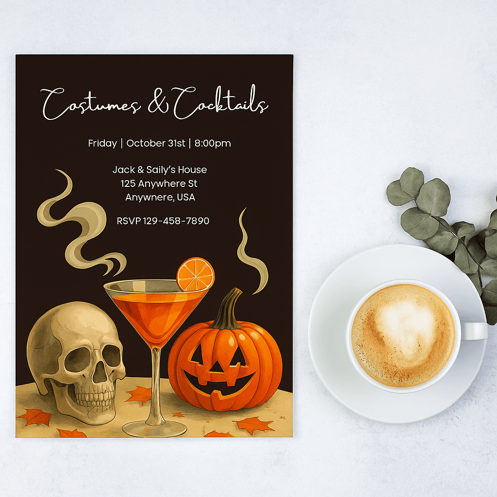 Costumes & Cocktails Halloween Party Invitation Template – Editable & Customizable Spooky, Fun, and Adult Halloween Celebration Design