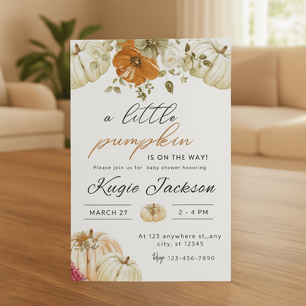 Baby Shower Invitation – Orange Floral Pumpkins Aesthetic Fall Theme, Editable Template, Printable Digital Invite, Instant Download