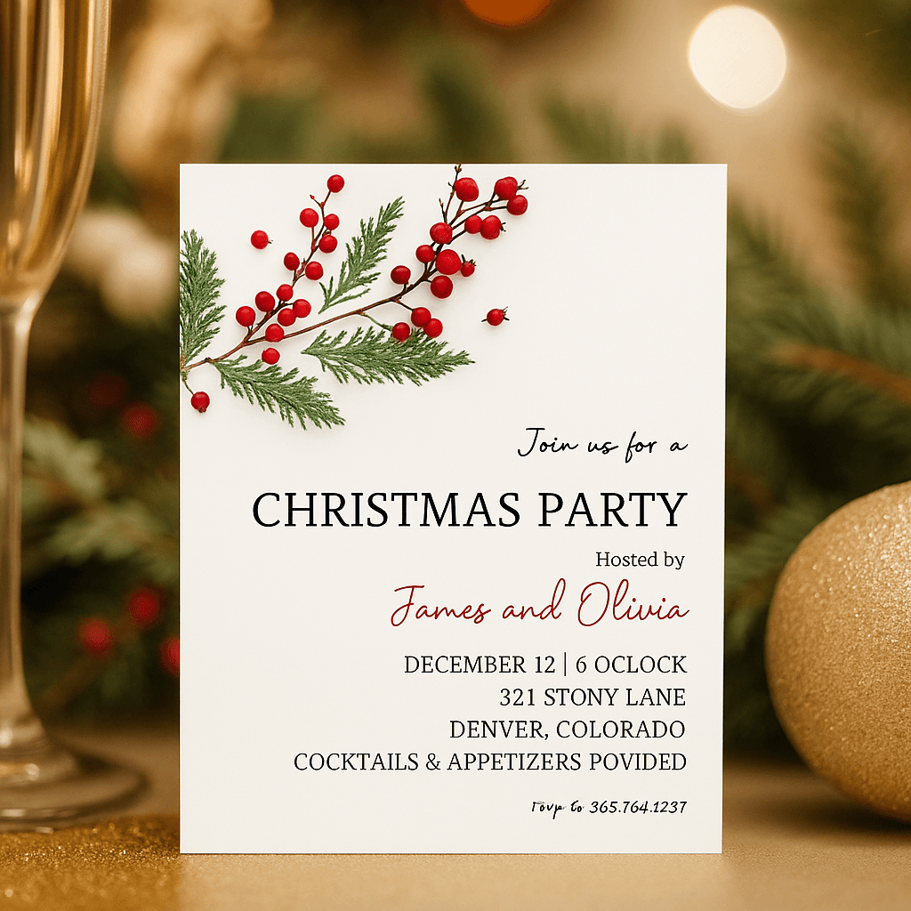 Minimal Evergreen Christmas Party Invitation – Red Bow Holiday Template