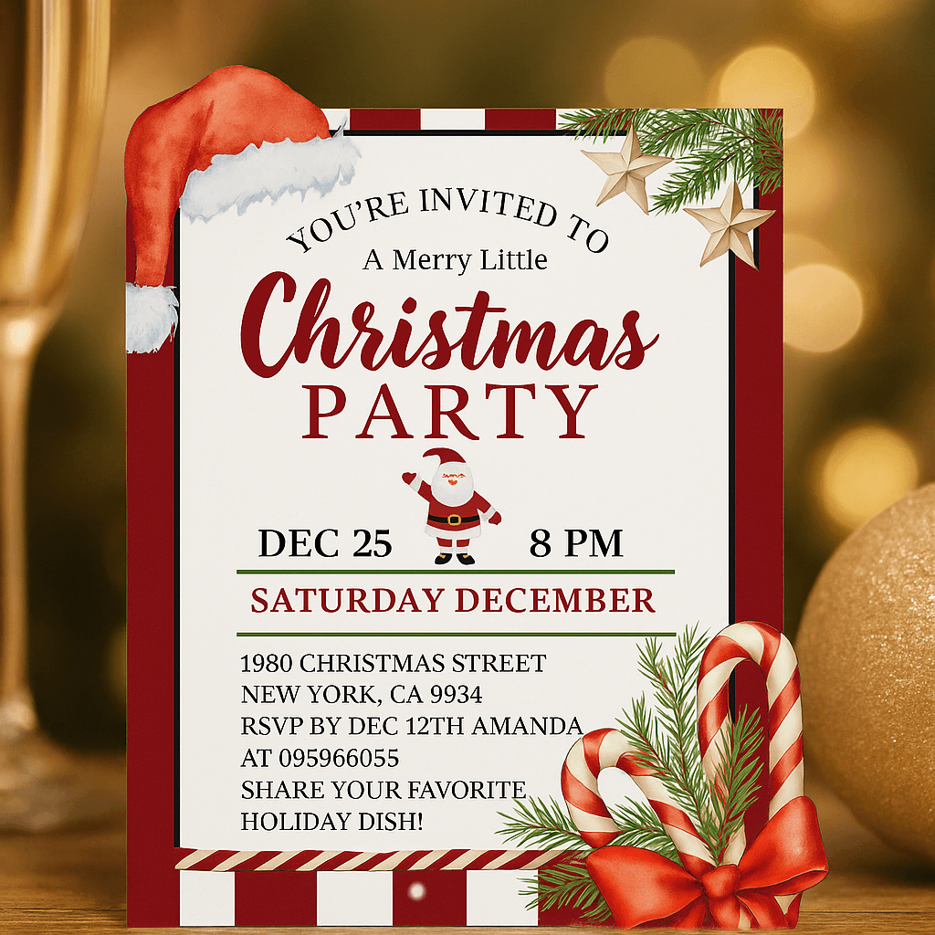 Editable Red Bow Holiday Gathering Invitation – Festive Office & Friendsmas Party Template