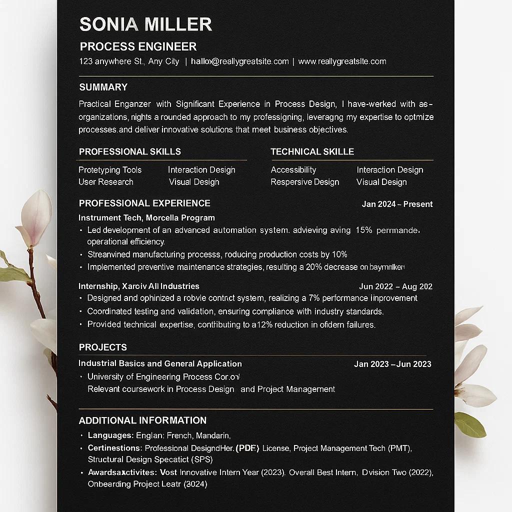 Professional Process Engineer Resume Template with Editable Sections for Skills, Experience, Projects, Education, and Certifications – Fully Customizable