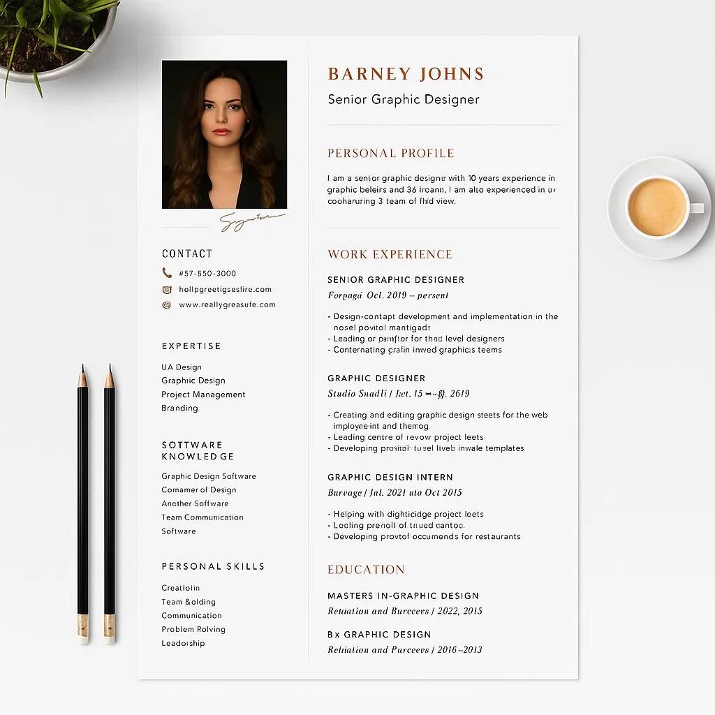Modern Senior Graphic Designer Resume Template with Editable Sections for Profile, Experience, Skills, and Education – Fully Customizable Layout