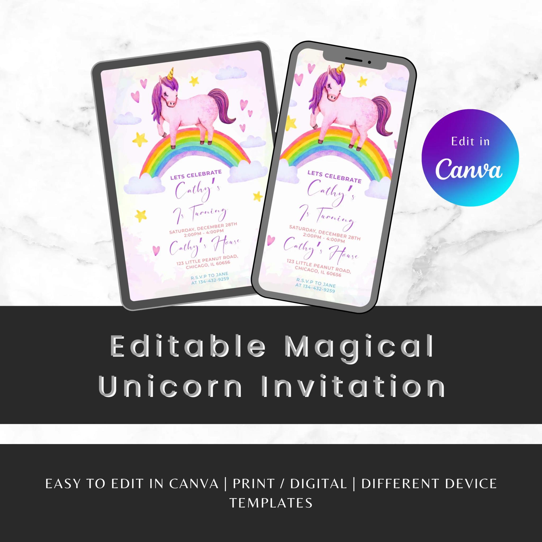 Customized Unicorn Birthday Invitation | Pastel Rainbow Party Invite | Magical Unicorn Digital Template