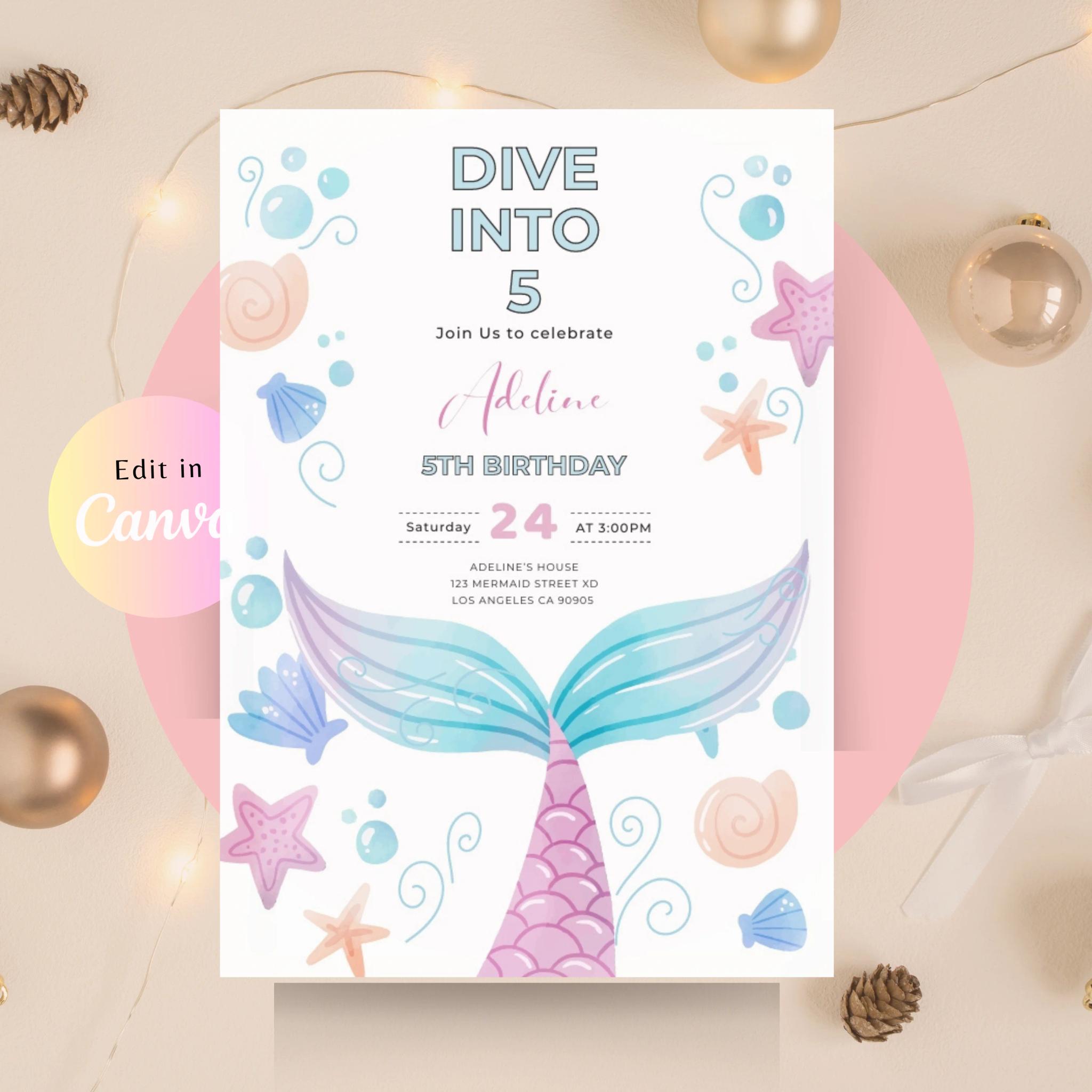 Magical Under the Sea 5th Birthday Invitation | Mermaid Theme Party | Purple & Teal Ocean Invite | Editable & Printable