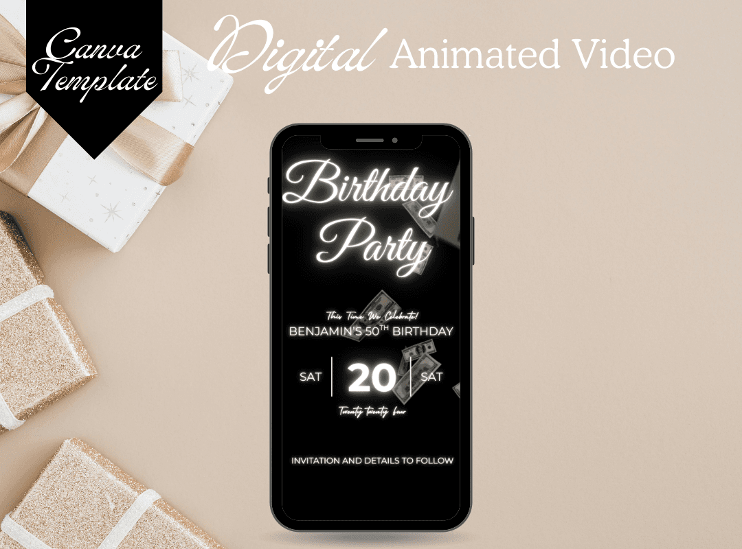 Black Theme Birthday Party Invitation Template – Editable & Customizable Elegant, Modern, and Fun Celebration Design